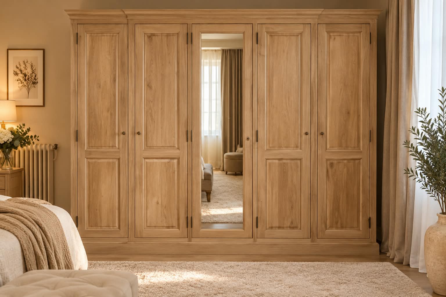 Armoire de 3 m en chêne massif clair à cinq portes battantes, corps central de trois portes en léger ressaut avec porte à miroir pleine hauteur, panneaux moulurés, paumelles apparentes et boutons de fer forgé