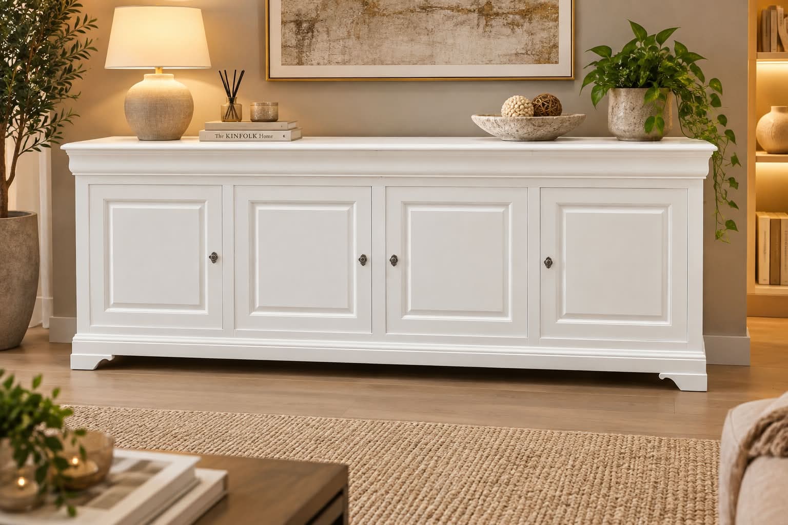 Même buffet Louis-Philippe en version 2,40 m entièrement laquée blanc, plateau compris : ceinture en doucine, quatre portes à panneaux moulurés et socle à pieds découpés, dans un salon