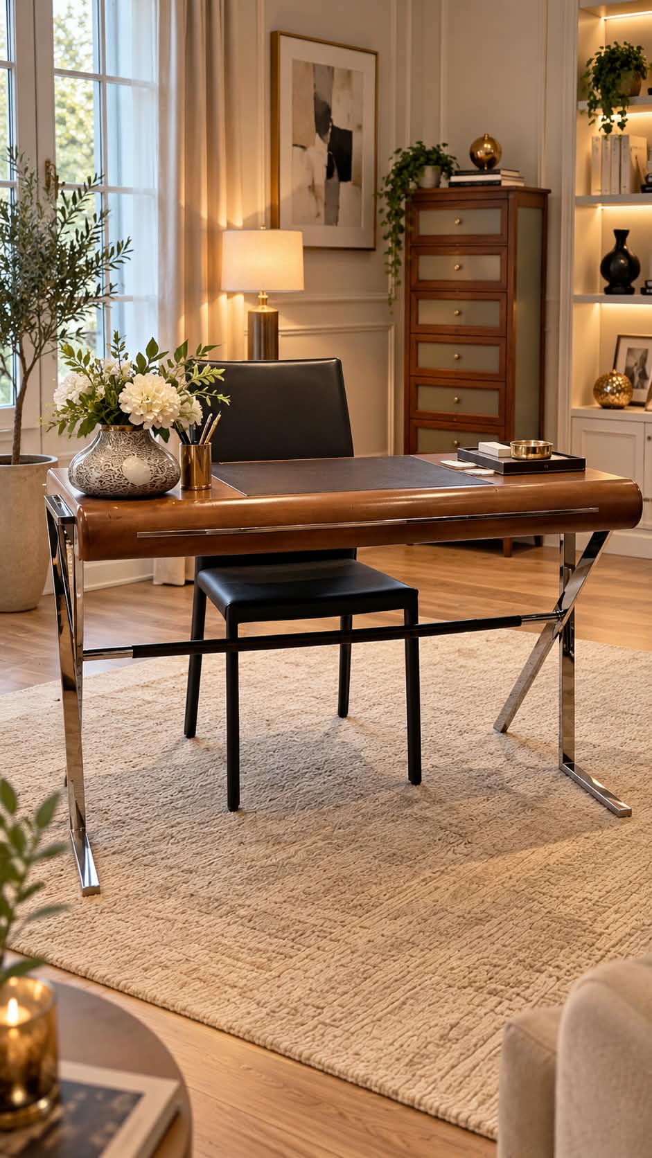Bureau moderne à plateau en bois au bandeau cintré souligné d’une baguette chromée, sous-main en cuir encastré, piètement en acier chromé en X relié par une traverse