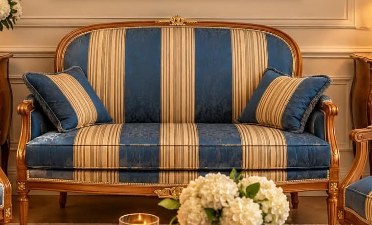 Canapé deux places Louis XVI à dossier en corbeille couronné d’un motif sculpté doré, bois fruitier verni rechampi or, garni d’un lampas rayé bleu et crème bordé de clous de tapissier