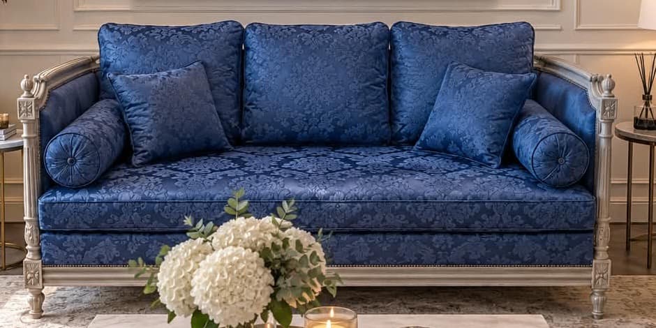 Canapé trois places Louis XVI à bois patiné gris, garni d’un damas bleu, banquette d’un seul coussin, trois coussins de dossier et deux traversins boutonnés, montants à toupies et pieds fuselés cannelés