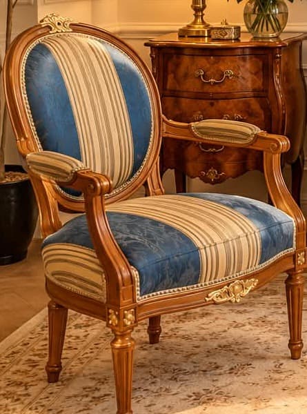 Fauteuil cabriolet Louis XVI à dossier médaillon ovale couronné d’un nœud sculpté doré, manchettes garnies, ceinture à palmette dorée et pieds fuselés cannelés, garni d’une rayure bleue et crème