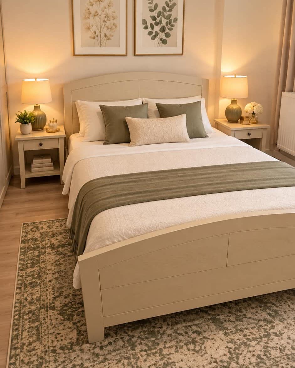 Lit moderne laqué crème, tête et pied de lit cintrés à grands panneaux sans moulure, montants prolongés en pieds, dans une chambre claire