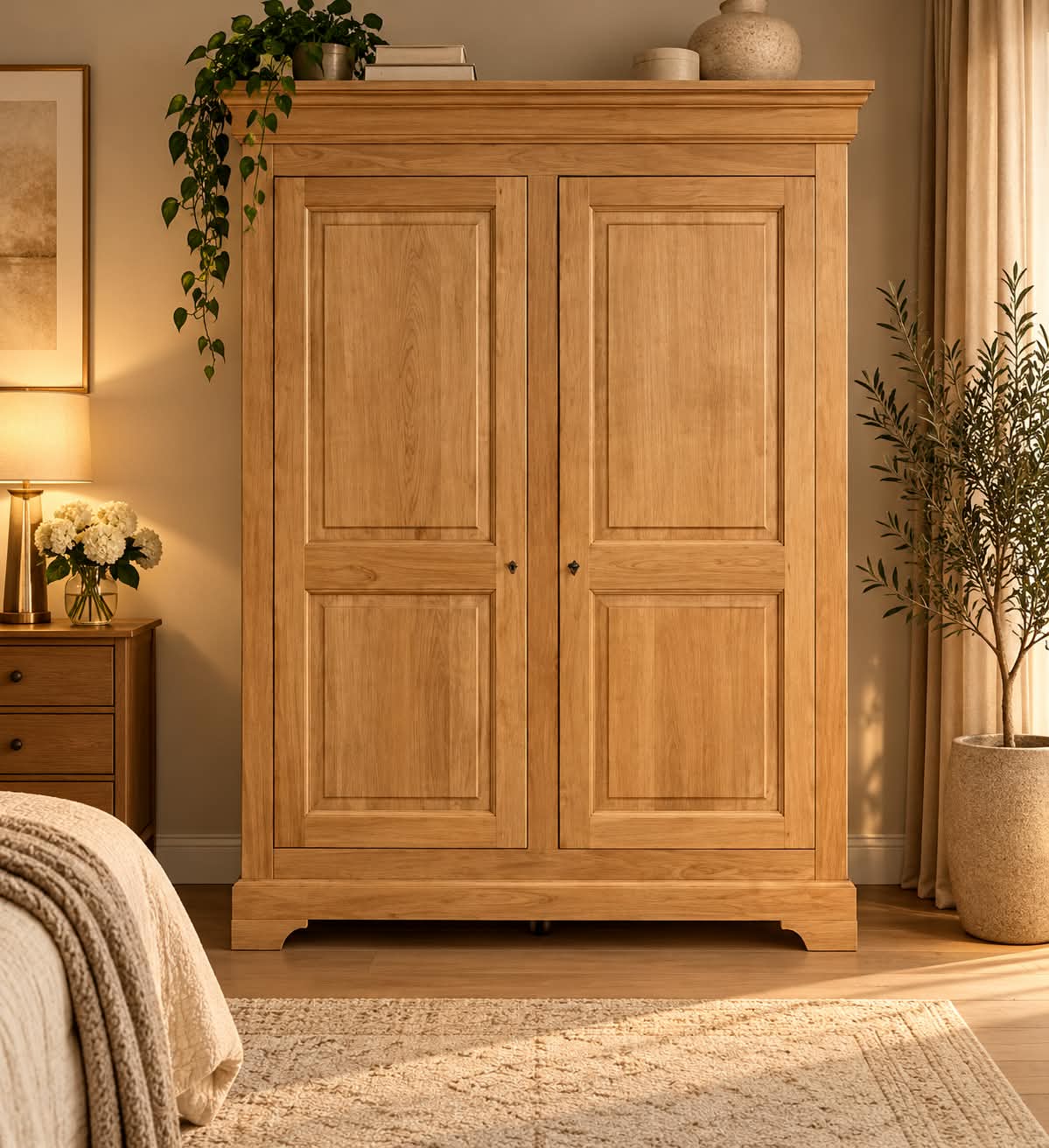 Armoire Louis-Philippe en chêne massif clair à deux portes battantes à panneaux moulurés fermant à clé, corniche en doucine et plinthe découpée en arc, dans une chambre près d’un lit