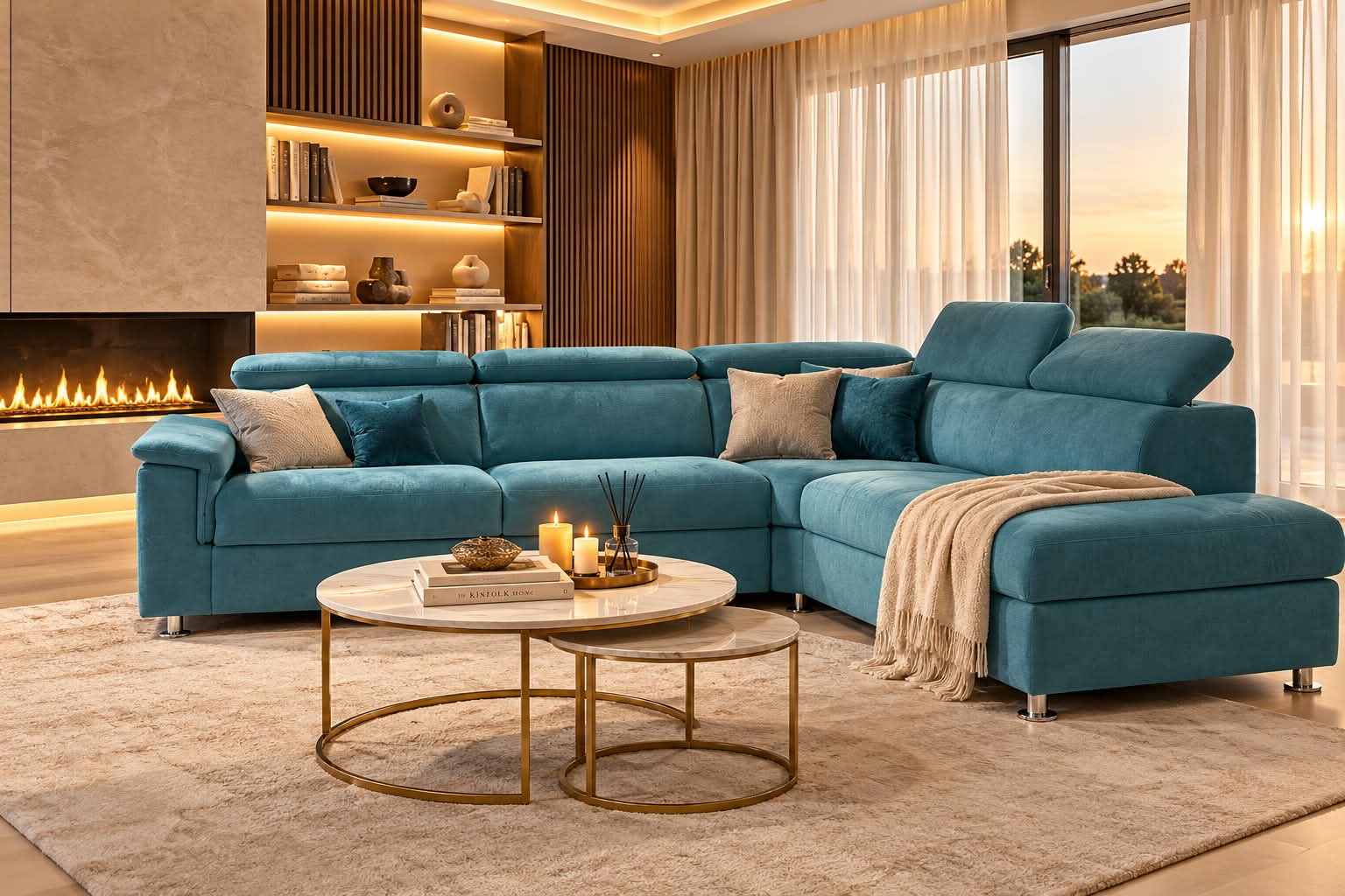 Canapé d’angle en velours turquoise à méridienne et têtières réglables, plaid beige, devant une cheminée et des étagères éclairées