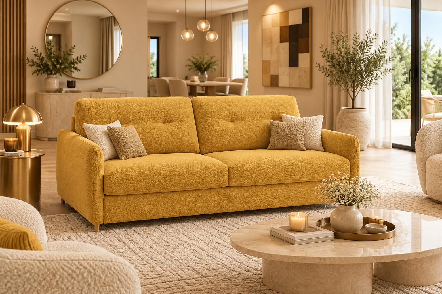 Canapé droit en tissu bouclette jaune safran, dossiers capitonnés et accotoirs fins, coussins écrus, dans un salon lumineux