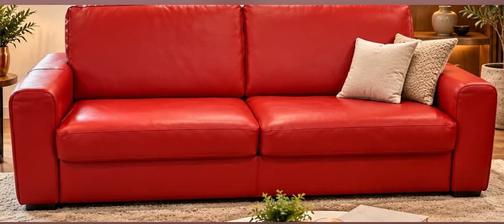 Canapé convertible trois places en cuir rouge, accotoirs larges et arrondis, deux coussins d’assise et de dossier, dans un salon