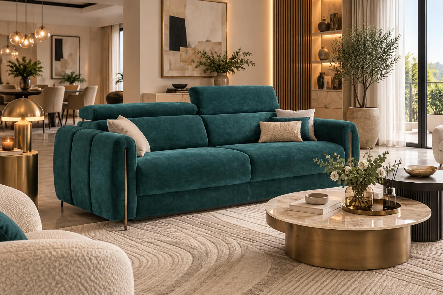 Canapé sur mesure trois places en velours bleu paon avec têtières réglables et piètement laiton, dans un grand séjour contemporain aux tons crème