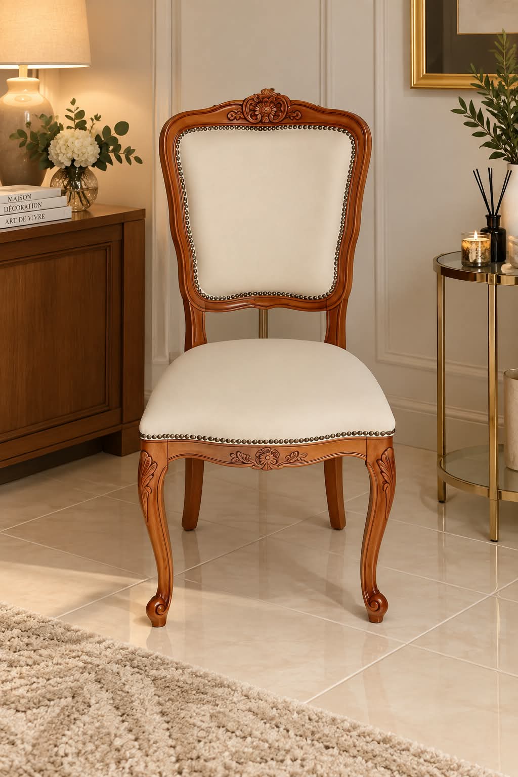 Chaise Louis XV en bois sculpté de fleurettes et d’acanthes, dossier violoné et assise garnis de tissu ivoire bordé de clous de laiton, pieds cambrés à enroulement