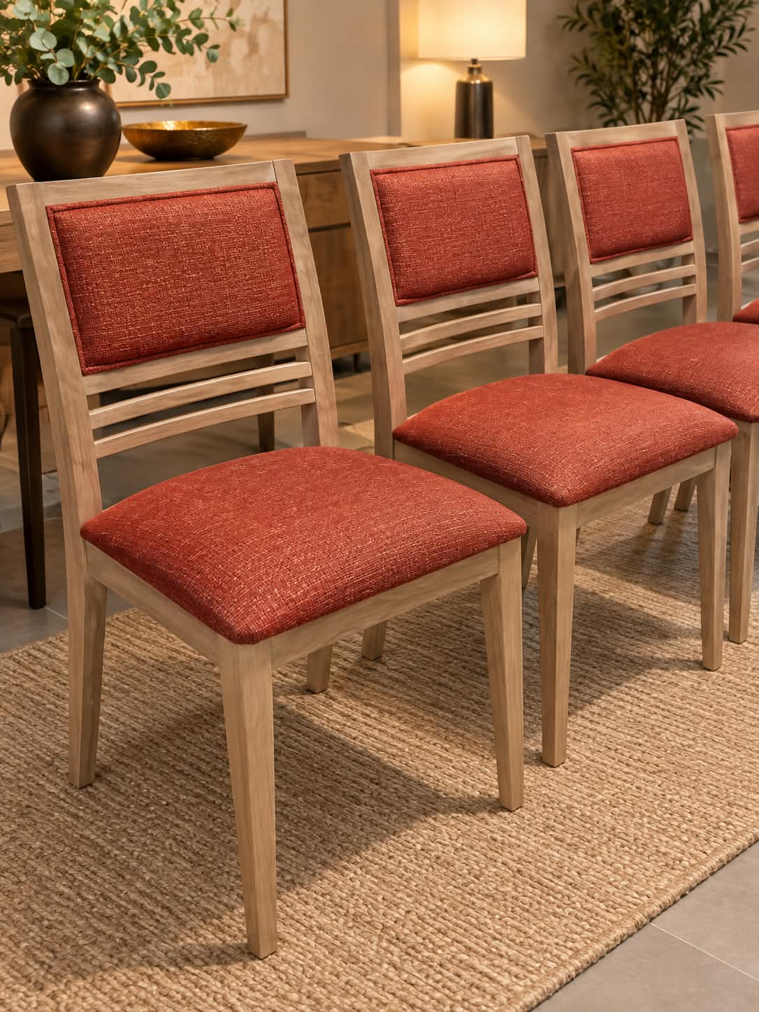 Rangée de chaises modernes en bois massif clair, dossier à panneau garni et trois barrettes cintrées, assise et dossier en tissu terracotta chiné