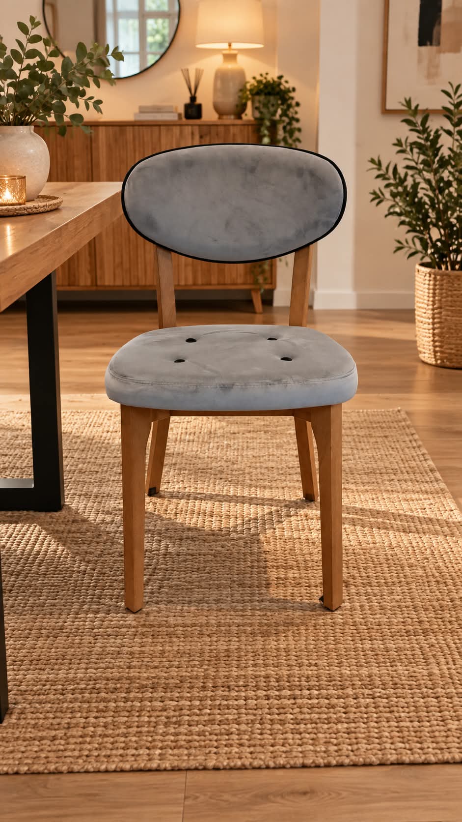 Chaise moderne en bois massif clair, dossier ovale garni de velours gris bleuté à passepoil noir, assise épaisse capitonnée de quatre boutons