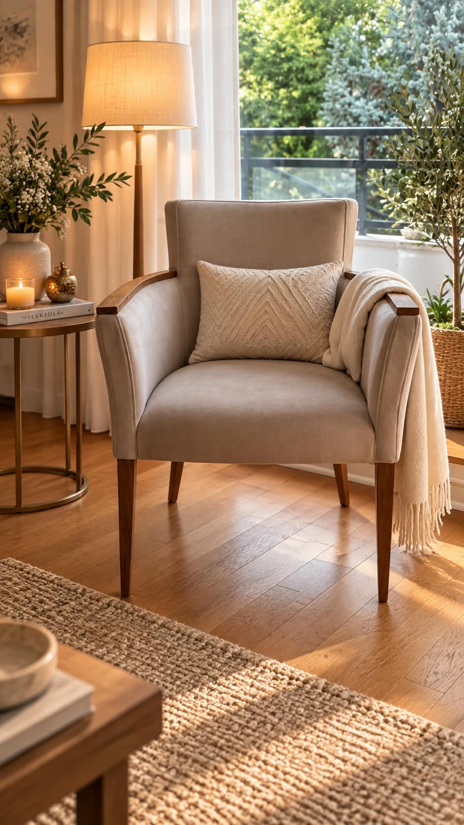 Fauteuil de petit gabarit garni de tissu grège velouté, dossier droit et accotoirs enveloppants coiffés de manchettes en bois massif, pieds fuselés en bois foncé