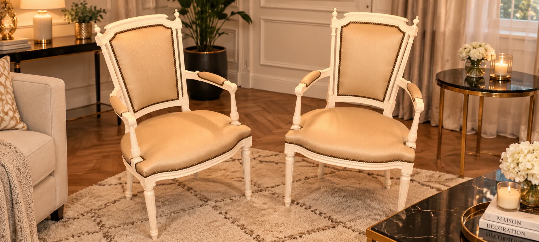 Paire de fauteuils Louis XVI laqués blanc et garnis de tissu champagne, côte à côte sur un tapis dans un salon à parquet en point de Hongrie