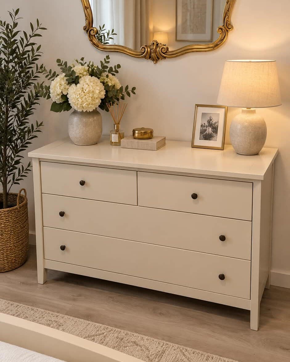 Commode moderne en chêne massif laqué crème laissant deviner le fil du bois, deux petits et deux grands tiroirs à boutons ronds en métal bruni, plateau menuisé à cadre et pieds dans le prolongement des montants