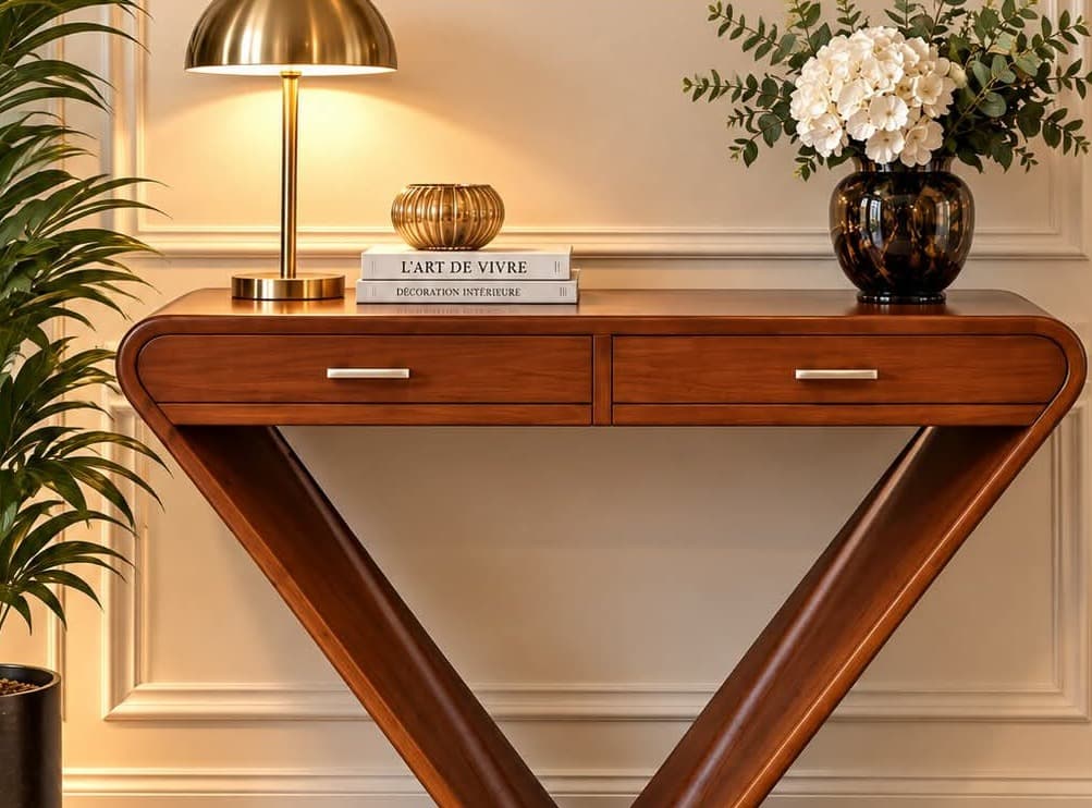 Console Art déco en bois massif à piètement en V sur socle trapézoïdal, ceinture aux extrémités arrondies et deux tiroirs à poignées métalliques, dans une entrée