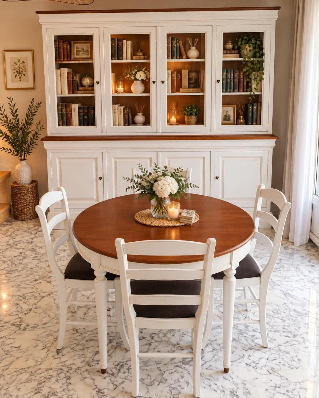 Salle à manger laquée blanc et merisier : bibliothèque deux corps à quatre portes vitrées et intérieur en merisier, table ronde à plateau en merisier et pieds tournés laqués, chaises blanches à barrettes et assise sombre